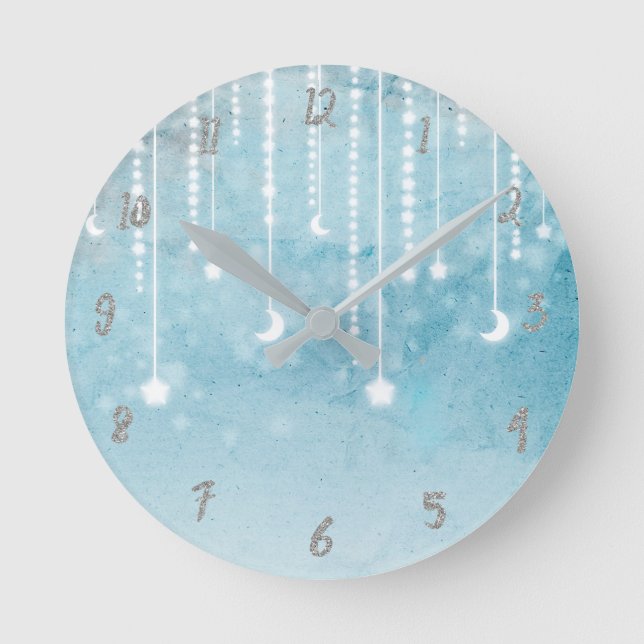 Blue Celestial Glow Moon Nursery Room Personalized Round Clock (Front)