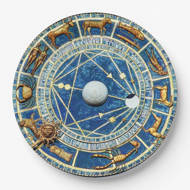 Blue Celestial Zodiac Astrology Party Horoscope Paper Plate (Front)