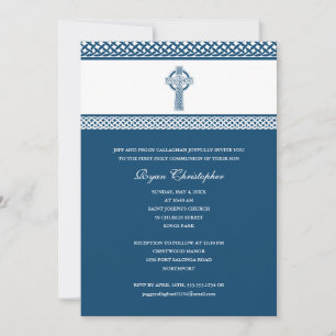 Blue Celtic Cross First Holy Communion Invitation