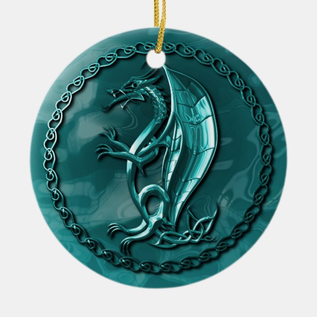 Blue Celtic Dragon Ceramic Tree Decoration (Front)