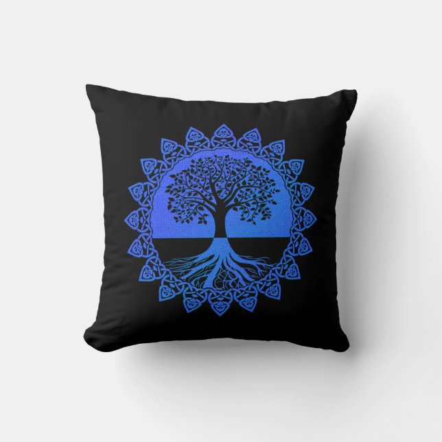 Blue Celtic Tree of Life on Black Throw Pillow (Front)