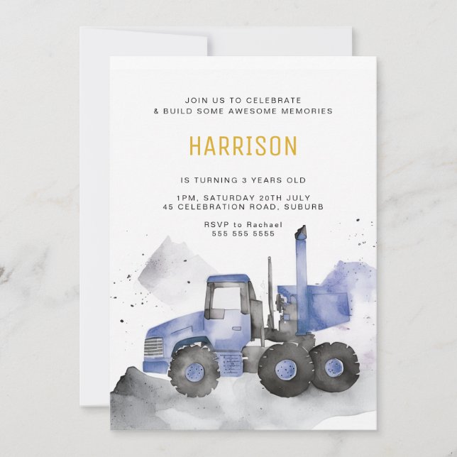 Blue Cement Truck Birthday Invitation (Front)