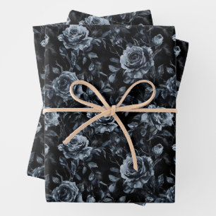 Blue Cemetery Roses Gothic Occult Wrapping Paper Sheet