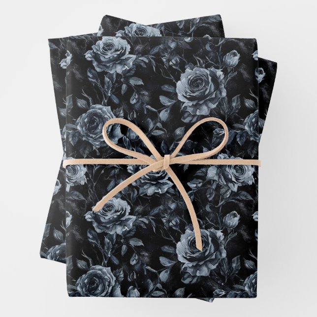 Blue Cemetery Roses Gothic Occult Wrapping Paper Sheet (In situ)