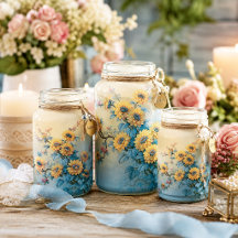 Blue Centre Yellow Sunflower Branch Decoupage
