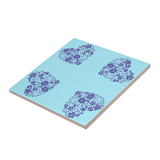 Blue Ceramic Tile with Heart Flowers (Side)