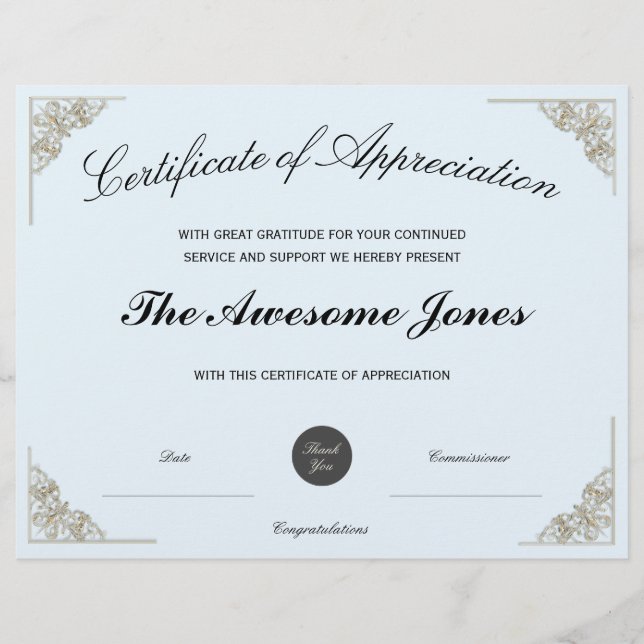 Blue Certificate of Appreciation w/ Custom Logo (Front)