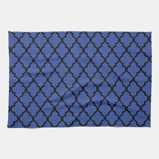 Blue Cerulean & Black Maroccan Trellis Quatrefoil Tea Towel (Horizontal)