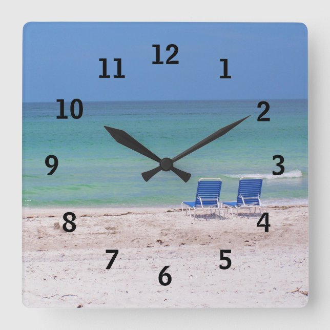 Blue Chairs on the Beach Square Wall Clock (Front)
