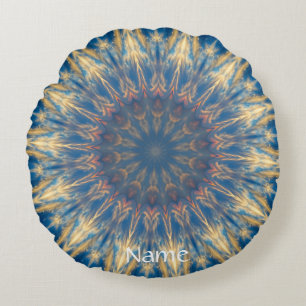 Blue Chakra Kaleidoscope Thunder_Cove Round Cushion