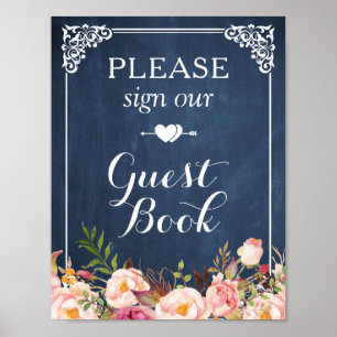 Blue Chalkboard Floral Sign Our Guestbook