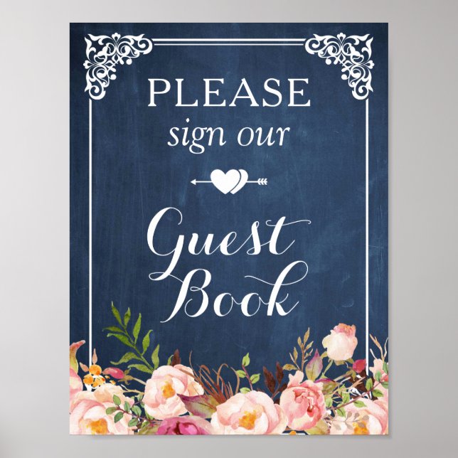 Blue Chalkboard Floral Sign Our Guestbook (Front)