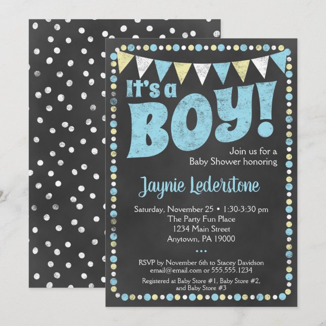 Blue Chalkboard It's A Boy Baby Shower Invitation (Front/Back)