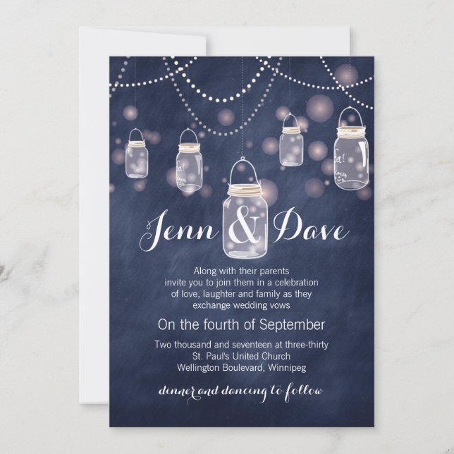 Blue Chalkboard Mason Jar Wedding Invitation (Front)
