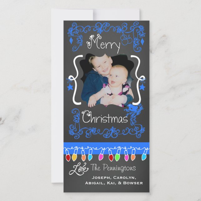 Blue Chalkboard Merry Christmas Holiday Photo Card (Front)