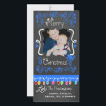 Blue Chalkboard Merry Christmas Holiday Photo Card<br><div class="desc">Merry Christmas holiday photo cards with a chalkboard look background,  lots of bright blue swirls and text that reads Merry Christmas,  a string of colourful tree lights in various colours,  blue hanging ornaments,  and areas you can customise these beautiful and bright holiday photo cards with your photo and names!</div>