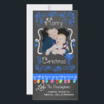Blue Chalkboard Merry Christmas Holiday Photo Card<br><div class="desc">Merry Christmas holiday photo cards with a chalkboard look background,  lots of bright blue swirls and text that reads Merry Christmas,  a string of colourful tree lights in various colours,  blue hanging ornaments,  and areas you can customise these beautiful and bright holiday photo cards with your photo and names!</div>