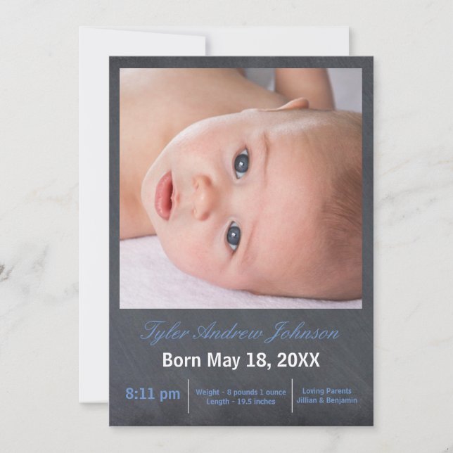 Blue Chalkboard Photo - Birth Announcement (Front)
