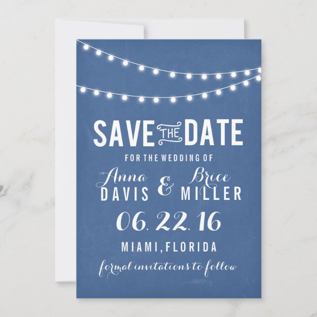 Blue Chalkboard Summer String Light Save The Date (Front)