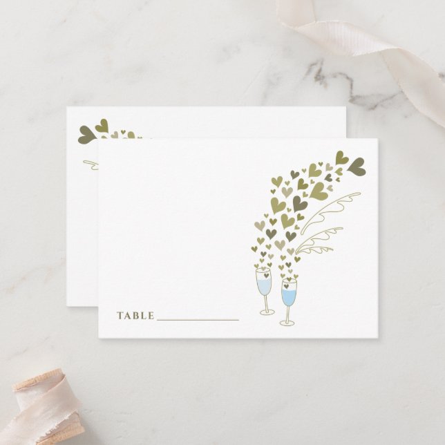 Blue Champagne Cheers Floating Gold Hearts Wedding Place Card (Front/Back In Situ)