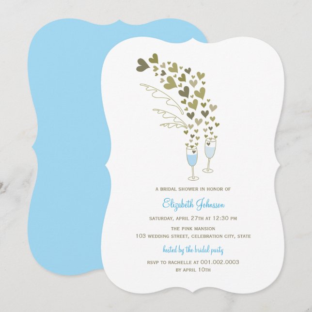 Blue Champagne Cheers & Gold Hearts Bridal Shower Invitation (Front/Back)