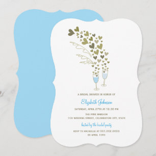 Blue Champagne Cheers & Gold Hearts Bridal Shower Invitation