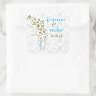 Blue Champagne Cheers & Gold Hearts Chic Wedding Square Sticker