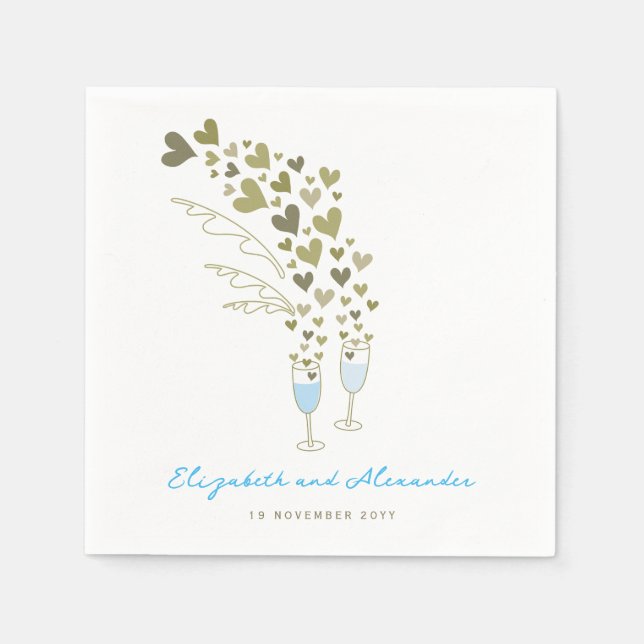 Blue Champagne Cheers Gold Hearts Wedding Party Napkin (Front)