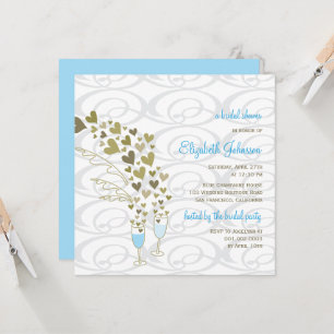 Blue Champagne Cheers Golden Hearts Bridal Shower Invitation