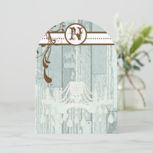Blue Chandelier Barn Wood Wedding Invitations