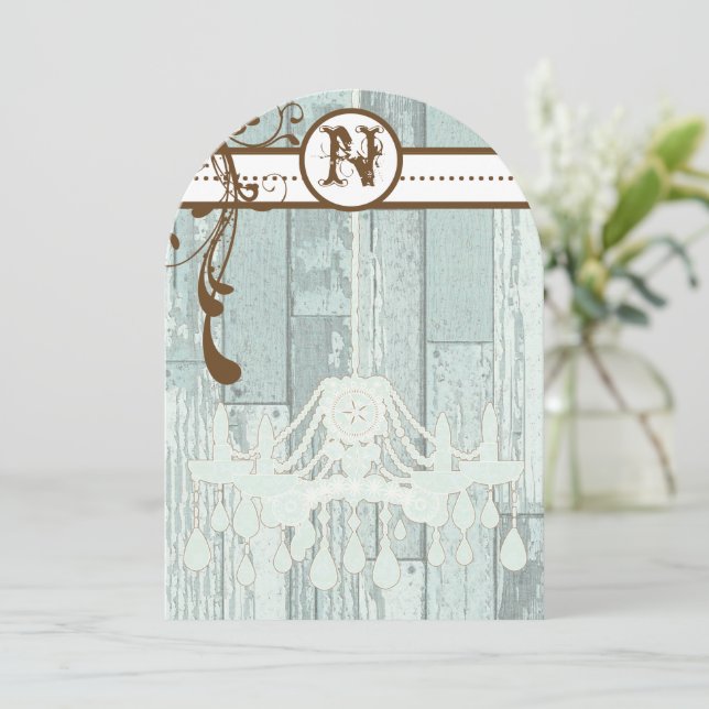 Blue Chandelier Barn Wood Wedding Invitations (Standing Front)