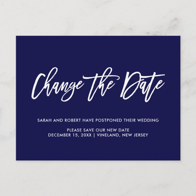 Blue | Change date Postponed Cancelled wedding Announcement Postcard (Front)