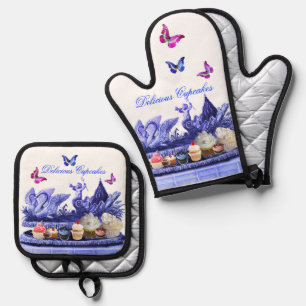 BLUE CHARIOT OF SWANS ,BUTTERFLIES AND CUPCAKES OVEN MITT & POT HOLDER SET