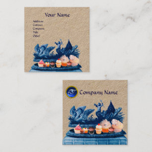 BLUE CHARIOT OF SWANS,CUPCAKES AND PASTRY Kraft Square Business Card