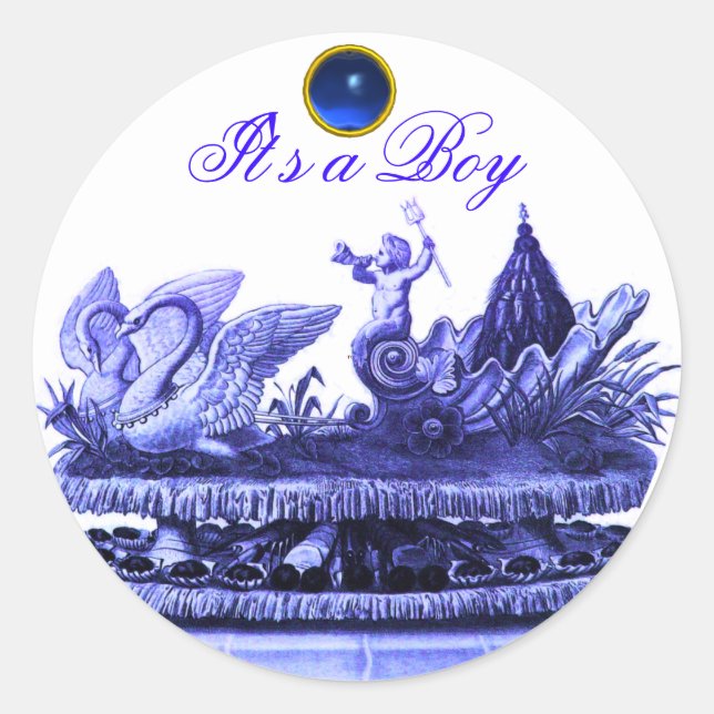 BLUE CHARIOT OF SWANS /CUPCAKES BOY BABY SHOWER CLASSIC ROUND STICKER (Front)