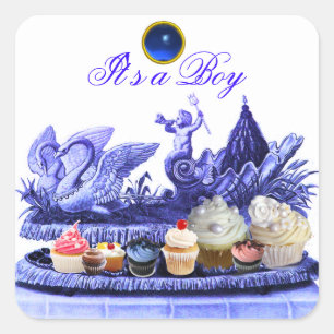 BLUE CHARIOT OF SWANS /CUPCAKES BOY BABY SHOWER SQUARE STICKER