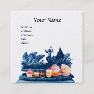BLUE CHARIOT OF SWANS,CUPCAKES,PASTRY White Pearl Square Business Card