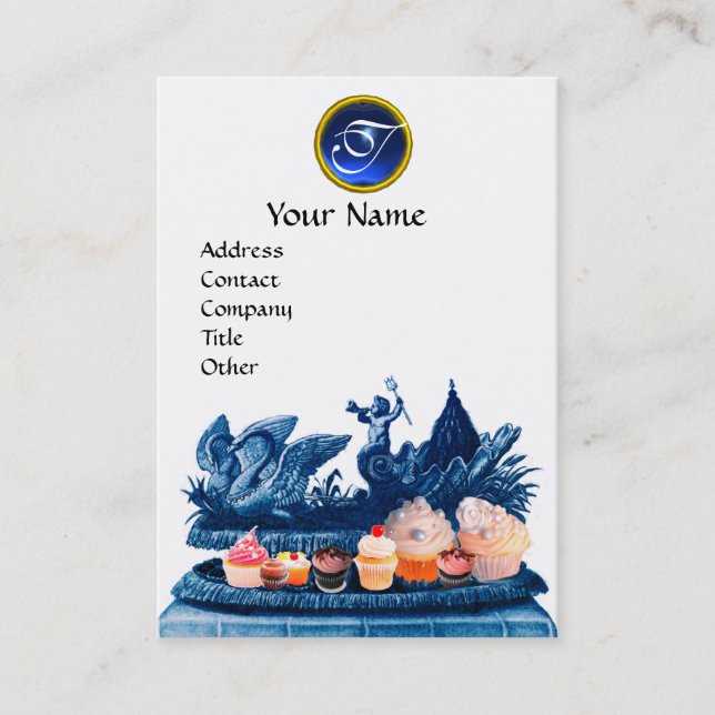 BLUE CHARIOT OF SWANS WITH CUPCAKES AND PASTRY BUSINESS CARD (Front)