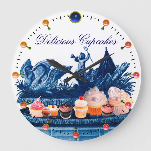 BLUE CHARIOT OF SWANS WITH CUPCAKES AND PASTRY LARGE CLOCK (Front)