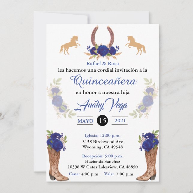 Blue Charro Invitation Mexican Western Invitation. (Front)