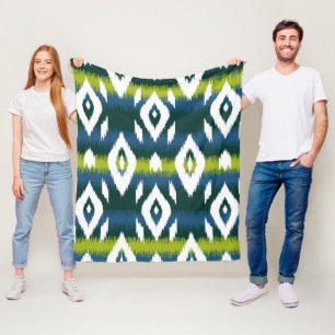 Blue Chartreuse Green Ikat Pattern Modern Fleece Blanket
