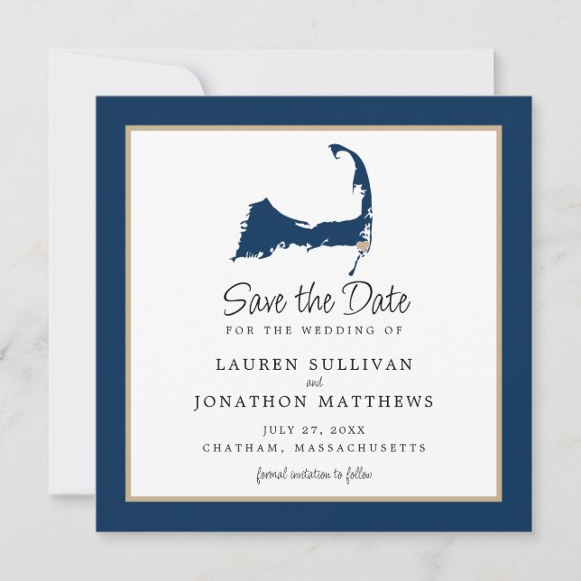 Blue Chatham Cape Cod Map Wedding Save the Date (Front)