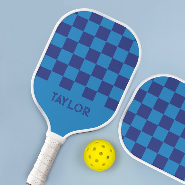 Blue Check Chequered Board Pattern Personalised Pickleball Paddle (Creator Uploaded)