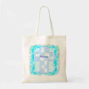 Blue Check Christian Cross Tote Bag