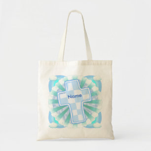 Blue Check Christian Cross tote Bag