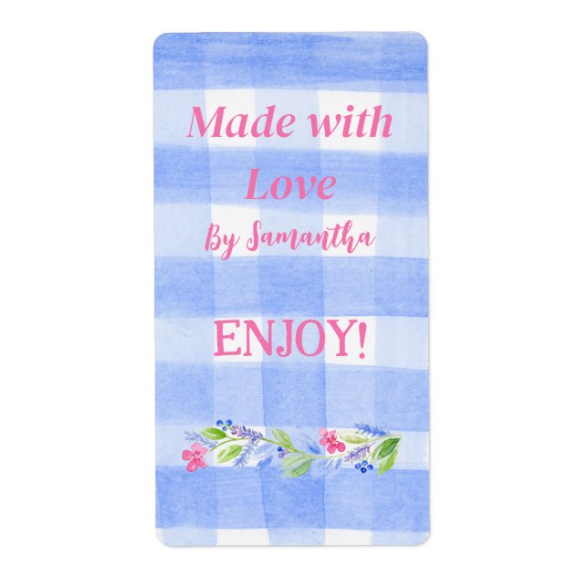 Blue Check Gingham Flowers MADE WITH LOVE  (Front)