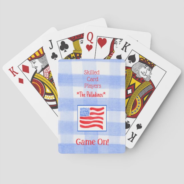 Blue Check Gingham USA Flag Bridge Playing Cards (Back)