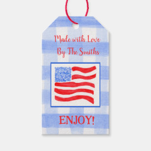 Blue Check Gingham USA Flag MADE WITH LOVE red  Gift Tags