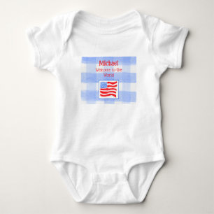 Blue Check Gingham USA Flag WELCOME Baby Clothing Bodysuit