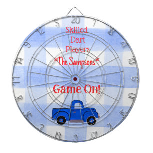 Blue Check Gingham Vintage Blue Truck Dartboard